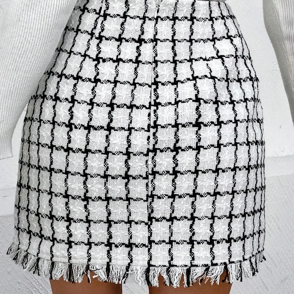 Plaid Pattern Raw Hem Tweed Skirt white - Picture 3 of 5